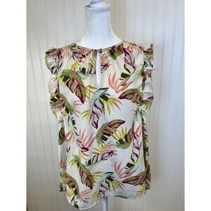 KAARI BLUE Women'S Keyhole Neck Ruffles‎ Sleeveless TropicaL Print Tunic. Sz Lg